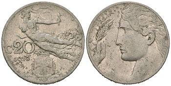 Италия 20 чентезимо 1910 R, Виктор Эммануил III (1900-1946) KM 44 никель 4615-625