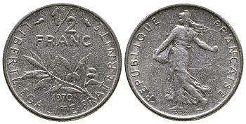 ФРАНЦИЯ 1/2 ФРАНКА 1970 KM 931.1 никель 93-1351
