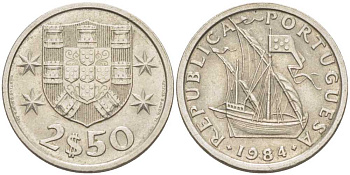 Португалия 2,5 эскудо 1984 парусник KM 590 медно-никель 213-247