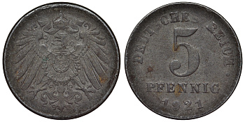 Германия 5 пфеннигов 1921 D KM 19, J. 297, Weege 5 железо 4118-1211