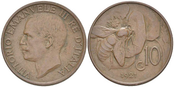 ИТАЛИЯ 10 ЧЕНТЕЗИМО 1921 R, МОНДВОР РИМ, ВИКТОР ЭММАНУИЛ III (1900-1946) KM 60 медь 4525-232