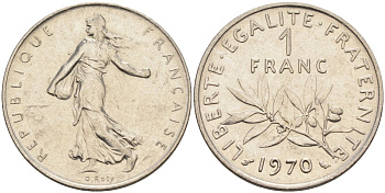 Франция 1 франк 1970 сеятель, тип Semeuse KM 925, Le Franc 226.15 никель 4592-1114