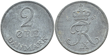 ДАНИЯ 2 ЭРЕ 1963 C; S, ФРЕДЕРИК IX (1947-1972) KM 840.2 цинк 26-828