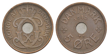 Дания 5 эре 1940 N, Кристиан X (1912-1947) KM 828 бронза 4638-635
