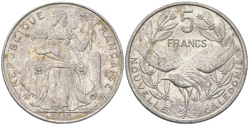 Французская Новая Каледония 5 франков 2010 птица кагу, (IEOM) KM 16, Schoen 12, Lec 81k алюминий 4111-533