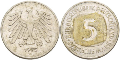 ФРГ 5 марок 1975 G, монетный двор Карлсруэ КМ 140.1, J. 415 медно-никель плакированный никелем 215-746