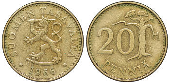 Финляндия 20 пенни 1966 S KM 47 алюминиевая бронза 259-523