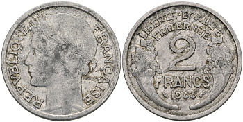ФРАНЦИЯ 2 ФРАНКА 1944 KM 886а.1 алюминий 4589-557