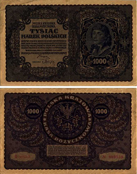 ПОЛЬША 1000 МАРОК 1919 23 АВГУСТА 1919, ТРЕТИЙ ВЫПУСК, ПОРТРЕТ КОСТЮШКО Pick 29 бумага VF 8607-15-1