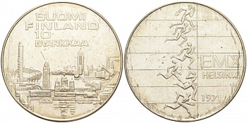 Финляндия 10 марок 1971 S-H, X Чемпионат Европы по легкой атлетике KM 52 серебро UNC 1521-1141