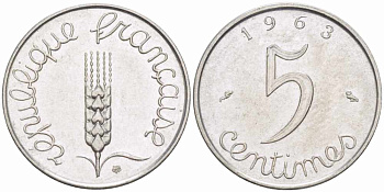 ФРАНЦИЯ 5 САНТИМОВ 1963 ПЯТАЯ РЕСПУБЛИКА KM 927, LE FRANC 124.5 хромированная сталь 105-431