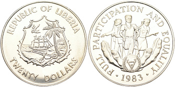 Либерия 20 долларов 1983 международный год инвалидов KM 48 серебро UNC 01-181-25