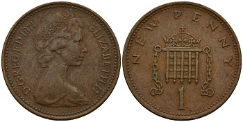 Великобритания 1 пенни 1971 Елизавета II (1952-2022) KM 915, Spink 4237 (B1) бронза 4154-964