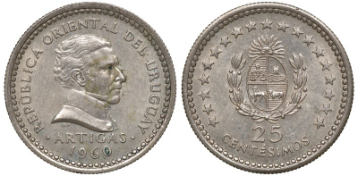 Уругвай 25 сентесимо 1960 KM 40 медно-никель 4169-911