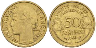 ФРАНЦИЯ 50 САНТИМОВ 1941 ТИП MORLON KM 894.1, LE FRANC 192.18 алюминиевая бронза 44-431