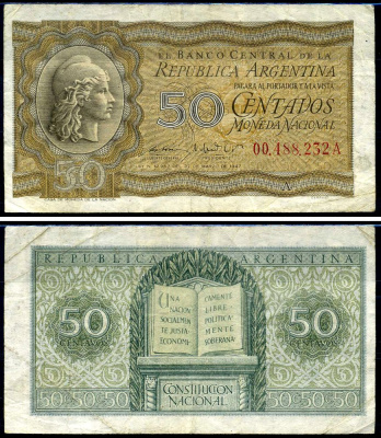 Аргентина 50 сентаво 1947 Свобода, конституция Аргентины Pick 259 a бумага 7198-3-1-2