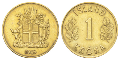 Исландия 1 крона 1946 год-тип KM 12 алюминиевая бронза 4666-853