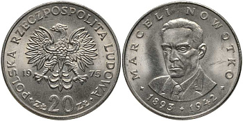Польша 20 злотых 1975 Марцелий Новотко, монетный двор Кремница KM 69, Parchimowicz 246b медно-никель UNC 180-411