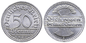 ГЕРМАНИЯ 50 ПФЕННИГОВ 1920 А KM 27, J. 301 алюминий 4380-547