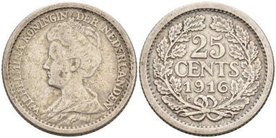 Нидерланды 25 центов 1916 Вильгельмина (1890-1948) KM 146 серебро 4576-756