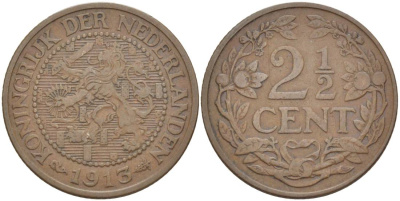 НИДЕРЛАНДЫ 2 1/2 ЦЕНТА 1913 ВИЛЬГЕЛЬМИНА I (1891-1948) KM 150 бронза 219-624
