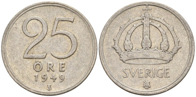 Швеция 25 эре 1949 TS, Густав V (1907-1950) KM 816 серебро 4147-1016