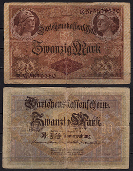 Германия 20 марок 1914 Минерва и Меркурий, герб Pick 48b бумага 8592-53-1-2