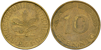 ФРГ 10 пфеннигов 1994 A J. 383, KM 108 сталь плакированная латунью    4603-712