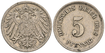 Германия 5 пфеннигов 1912 F, KM 11, J. 12 медно-никель 220-625