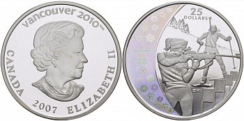 Канада 25 долларов 2007 зимние Олимпийские игры в Ванкувере 2010, биатлон, голограмма KM 744 серебро PROOF 01-152-41