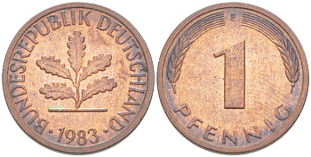 ФРГ 1 ПФЕННИГ 1983 F KM 105, J. 380 сталь плакированная медью 4181-653