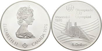 Канада 5 долларов 1976 XXI летние Олимпийские игры в Монреале 1976 года, Олимпийская деревня KM 109 серебро UNC 02-078-33