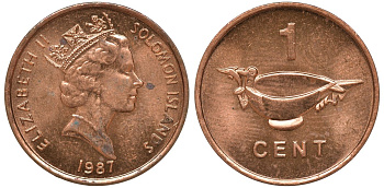 Соломоновы острова 1 цент 1987 Елизавета II (1953-) KM 24 сталь плакированная бронзой aUNC 4602-942