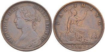 Великобритания 1 фартинг 1862 Виктория (1837-1901) KM 747.2, Spink 3958 бронза 4543-836