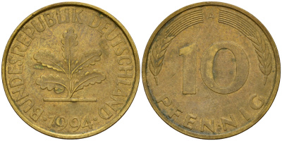 ФРГ 10 пфеннигов 1994 A J. 383, KM 108 сталь плакированная латунью    4603-712