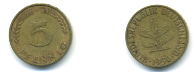 ФРГ 5 ПФЕННИГОВ 1950 G KM 107 J. 382 сталь плакированная латунью 83-127