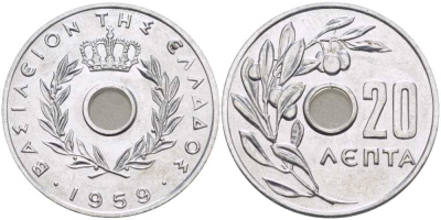 Греция 20 лепта 1959 Павел I (1947-1964), оливковая ветвь KM 79 алюминий UNC 28-444