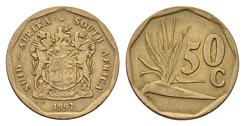 ЮАР 50 центов 1992 Зантедеския Эллиота (калла), герб KM 137 сталь плакированная латунью 4114-727