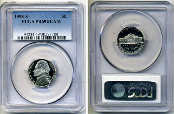 США 5 центов 1998 S, президент Джеферсон, в слабе PCGS PR69CAM KM А192 медно-никель PROOF 15-003-18