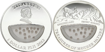 Фиджи 1 доллар 2012 серия Сокровища матери-природы, дымчатый кварц, в коробке, с сертификатом KM 453 серебро PROOF 1-4-3-04