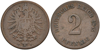 Германия 2 пфеннига 1875 C, старогербовка KM 2, J. 2 медь 4575-642
