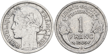 Франция 1 франк 1946 В, тип Морлон KM 885а.2 алюминий    4153-426