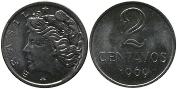 Бразилия 2 сентаво 1969 KM 576.2, Schon 81a нержавеющая сталь UNC 4567-857