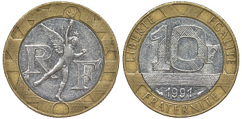 Франция 10 франков 1991 тип гений Бастилии KM 964.1, Le Frank 375.6 биметалл 45-835