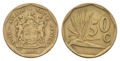 ЮАР 50 центов 1992 Зантедеския Эллиота (калла), герб KM 137 сталь плакированная латунью 4114-727