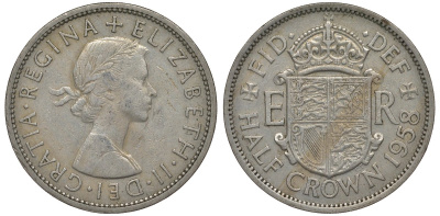 Великобритания 1/2 кроны 1958 Елизавета II (1952-2022) KM 907, Spink 4145 медно-никель 4125-232