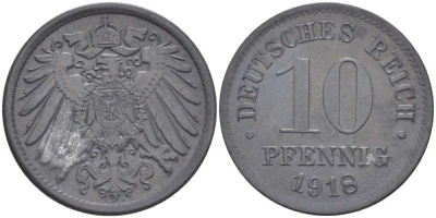 ГЕРМАНИЯ 10 ПФЕННИНГОВ 1918 KM 26, J.299, Weege 8 цинк 202-213
