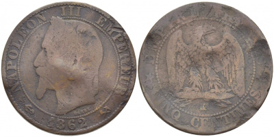 ФРАНЦИЯ 5 САНТИМОВ 1861 A, НАПОЛЕОН III (1852-1870) KM 797.1, LE FRANC 117.2 бронза 4448-126