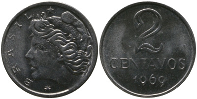 Бразилия 2 сентаво 1969 KM 576.2, Schon 81a нержавеющая сталь UNC 4567-857