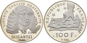 Франция 100 франков - 15 экю 1991 Декарт, в оригинальной коробке с сертификатом KM 1002 серебро PROOF 4-5-1-19